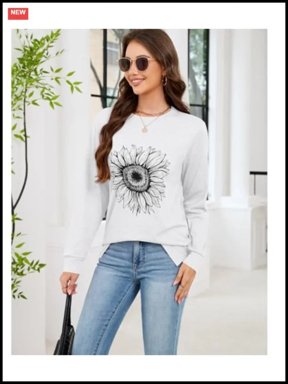 Women's Sunflower Graphic Tee Long Sleeve Crew Neck Loose Fit Tunic Top